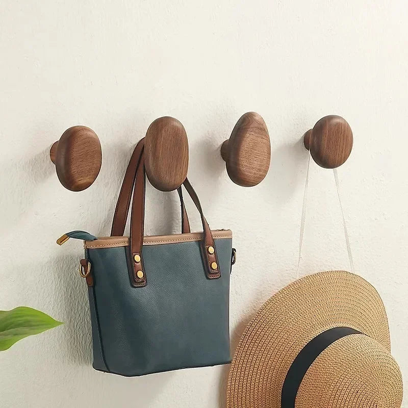 Round Wooden Coat Hooks - Set of Wall-Mounted Hangers