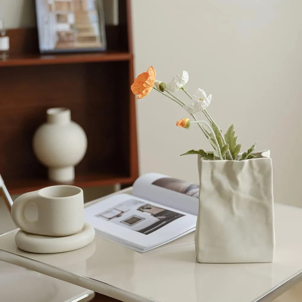 Handcrafted Textured Decor Vase – Unique Paper Bag Style in Ceramic