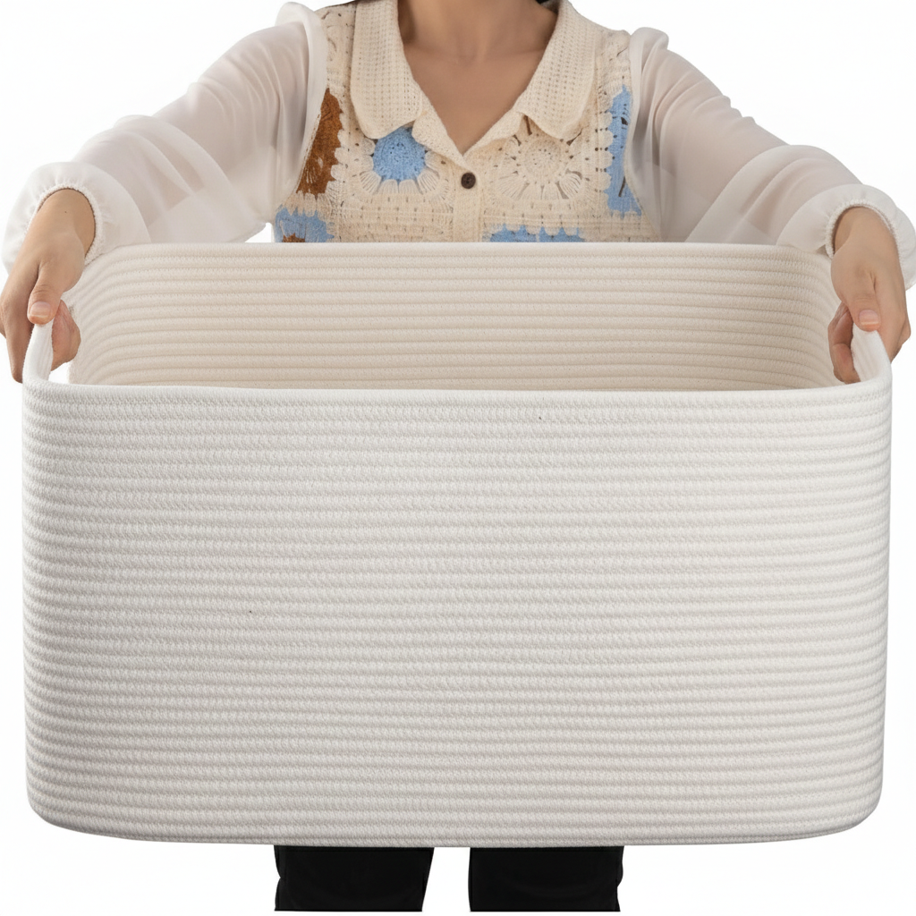 Large Rectangular Rope Storage Basket with Handles for Laundry