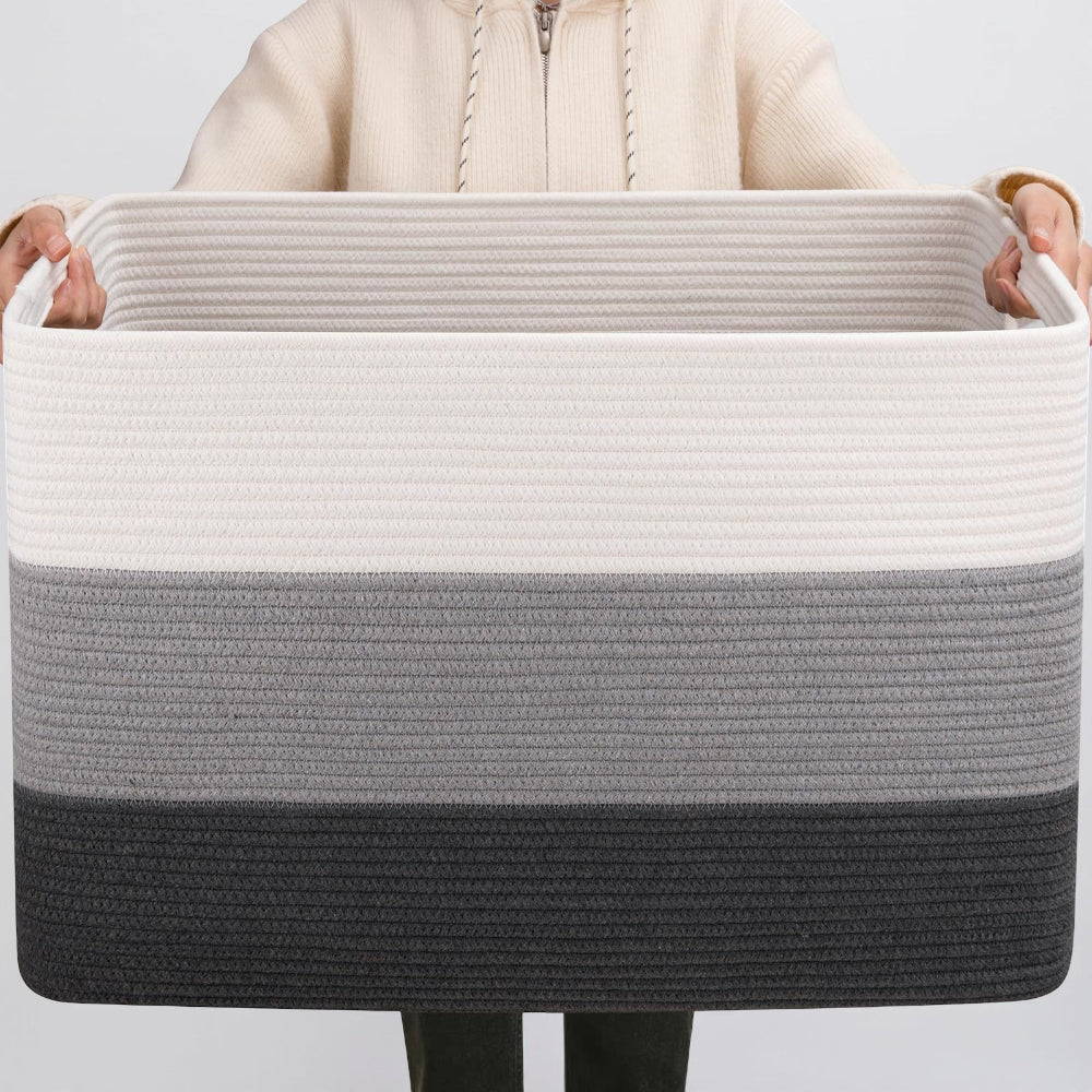 Large Rectangular Rope Storage Basket with Handles for Laundry