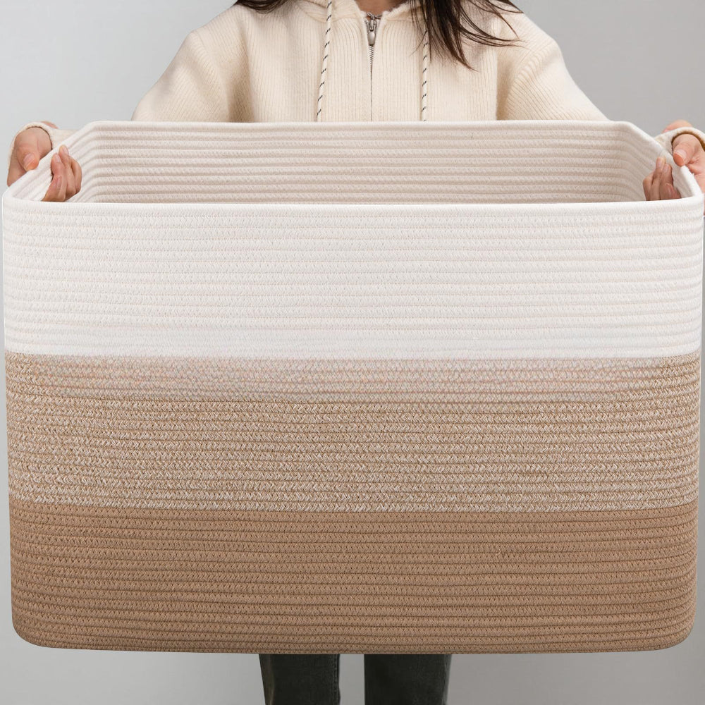 Large Rectangular Rope Storage Basket with Handles for Laundry