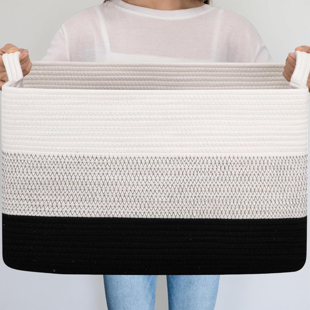 Large Rectangular Rope Storage Basket with Handles for Laundry