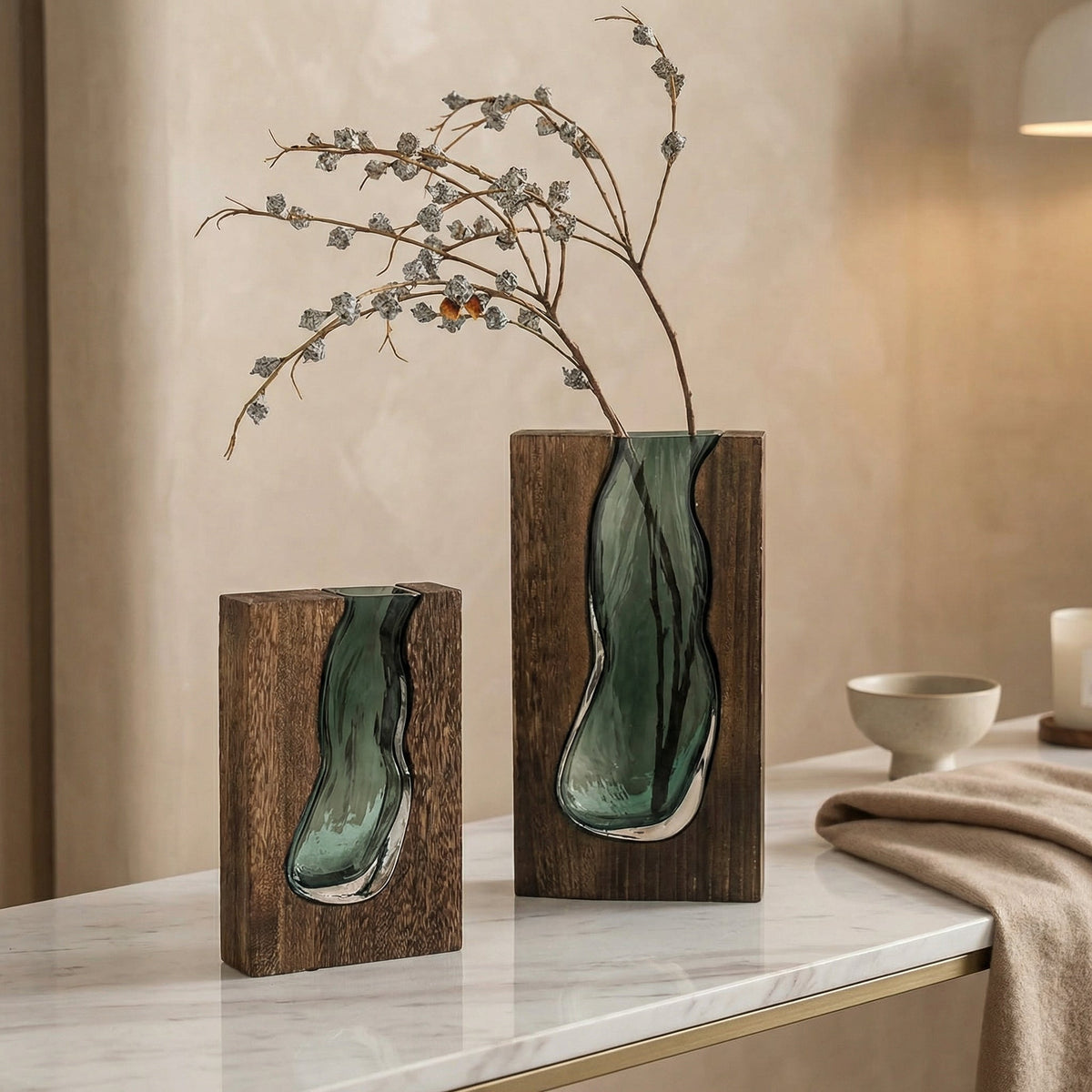 Modern Flower Vase with Natural Wood Base and Live Edge Glass for Home Decor