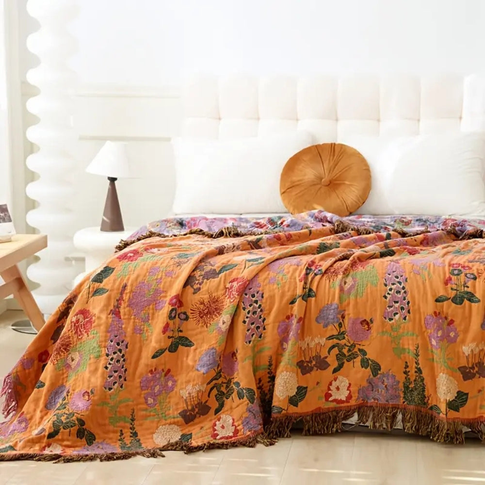 100% Cotton Reversible Floral Tassel-Trim Throw Blanket