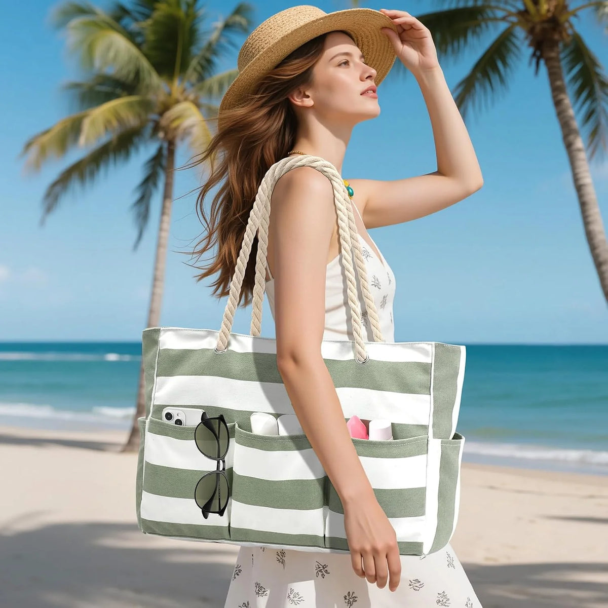 Beach Tote Bag Waterproof Canvas Multiple Pockets