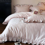 Bedding Set Cotton Satin Ruffled Trim & Contrasting Piping