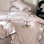 Bedding Set Cotton Satin Ruffled Trim & Contrasting Piping