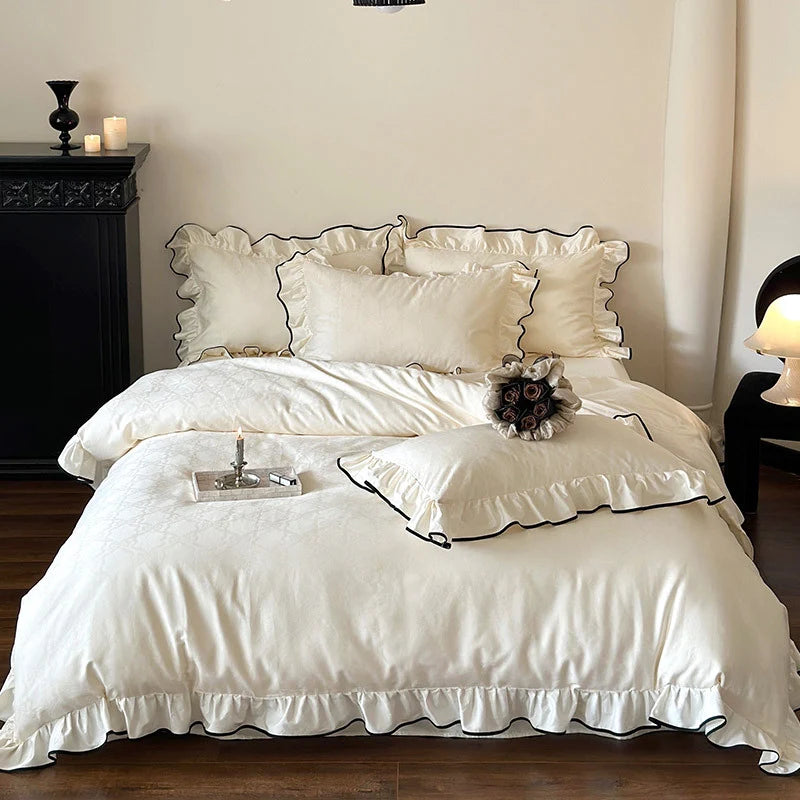 Bedding Set Cotton Satin Ruffled Trim & Contrasting Piping