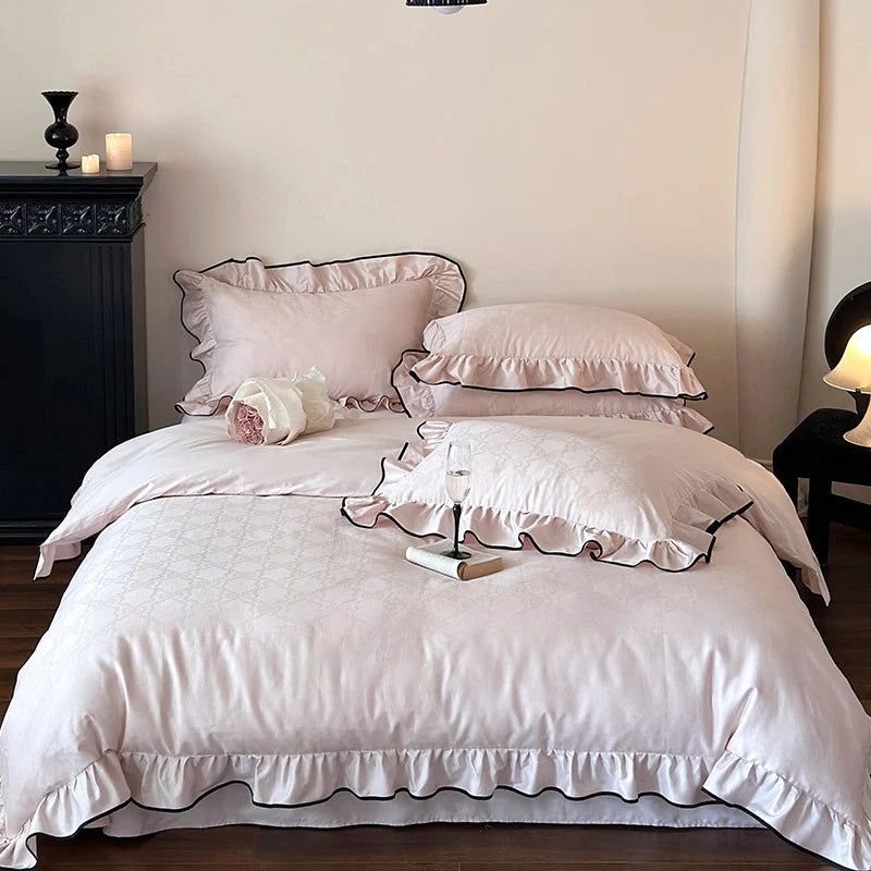 Bedding Set Cotton Satin Ruffled Trim & Contrasting Piping