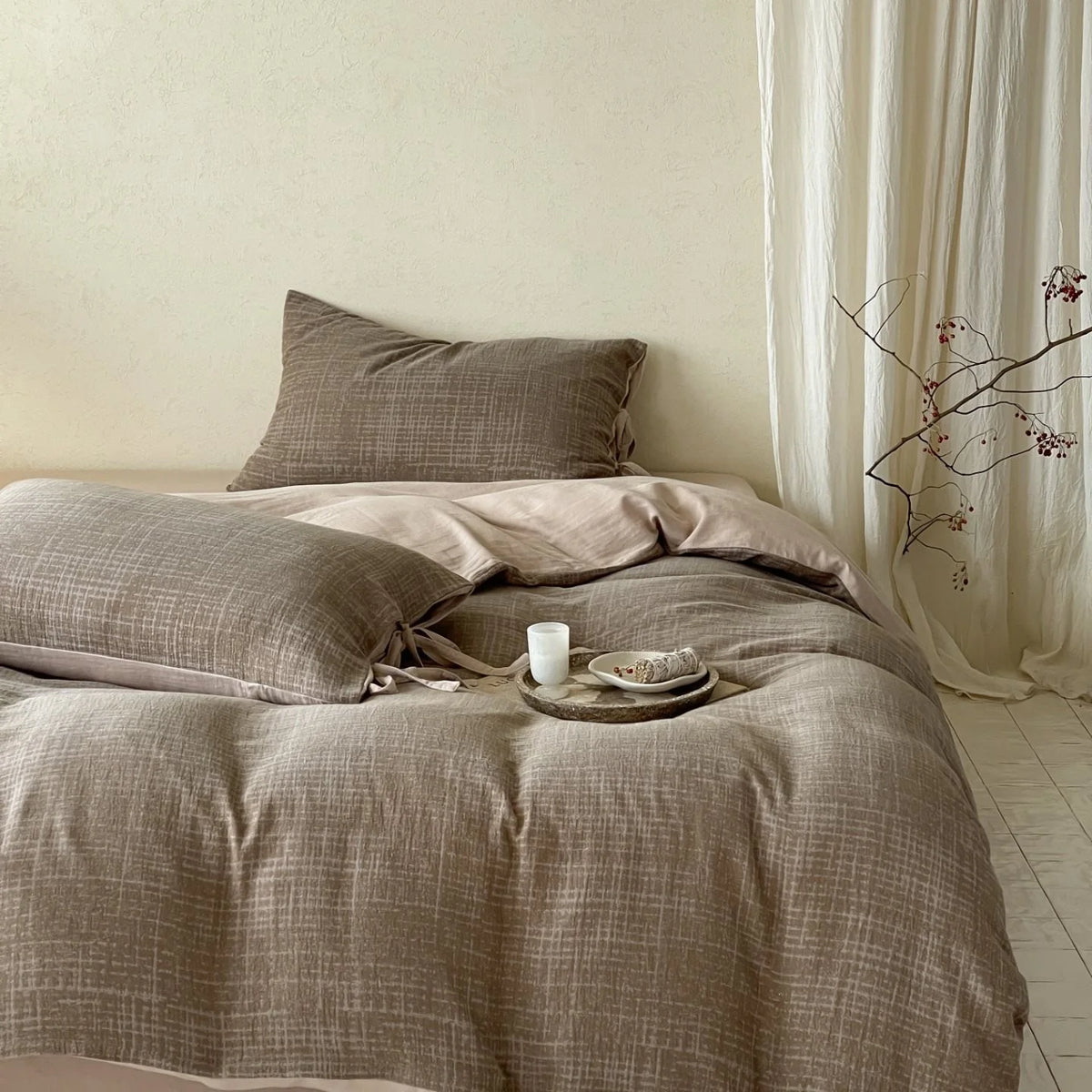 Bedding Set Reversible Cotton Satin Textured Cross Pattern