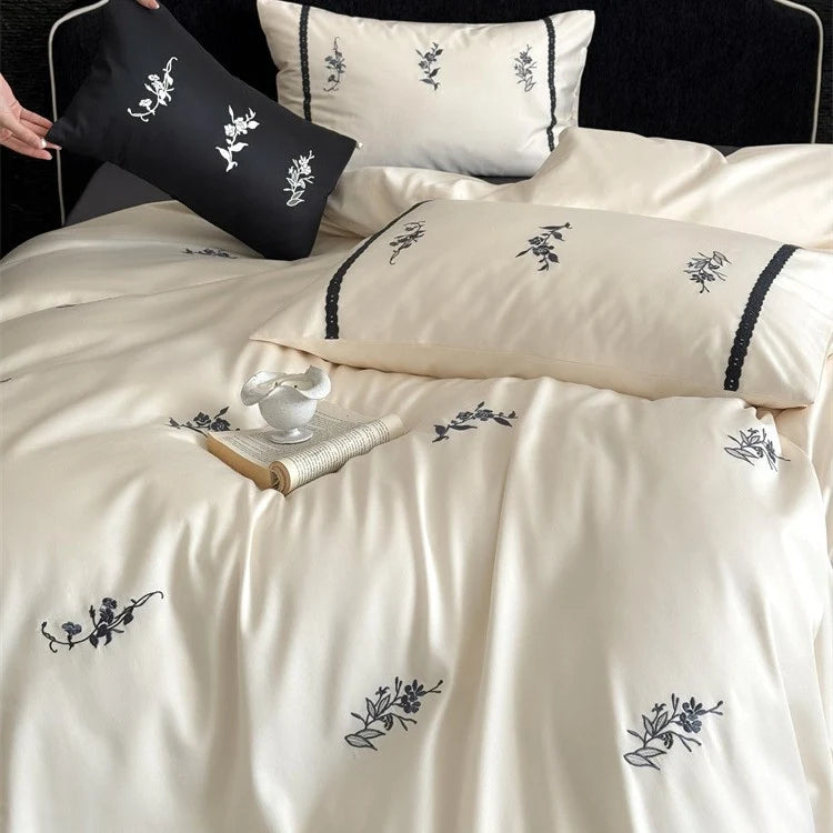 Bedding Set Satin Temperature-Regulating Floral Embroidery