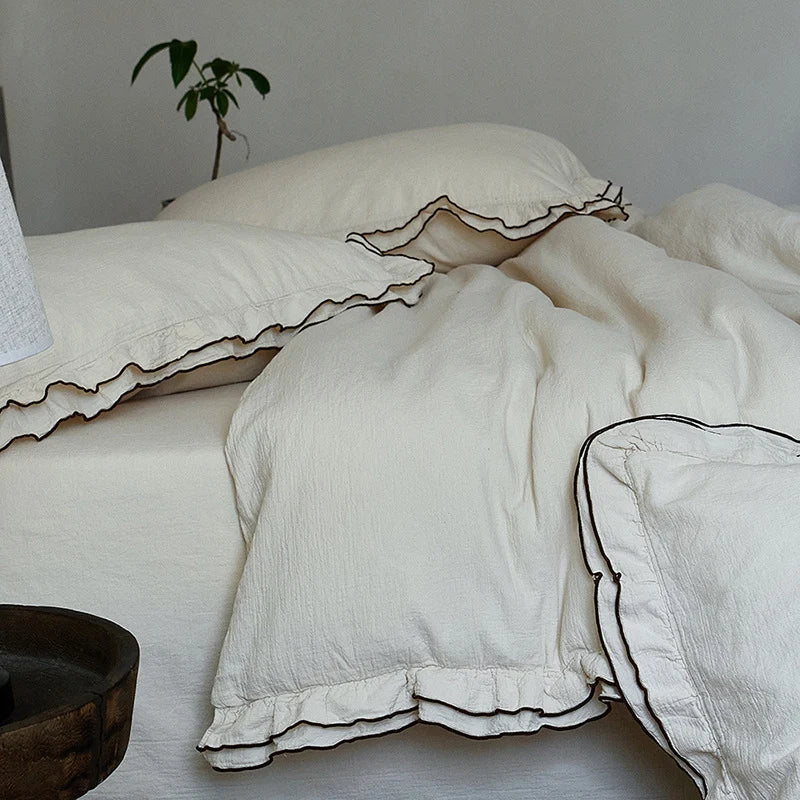 Bedding Set Washed Linen-Cotton Breathable Edge Ruffle