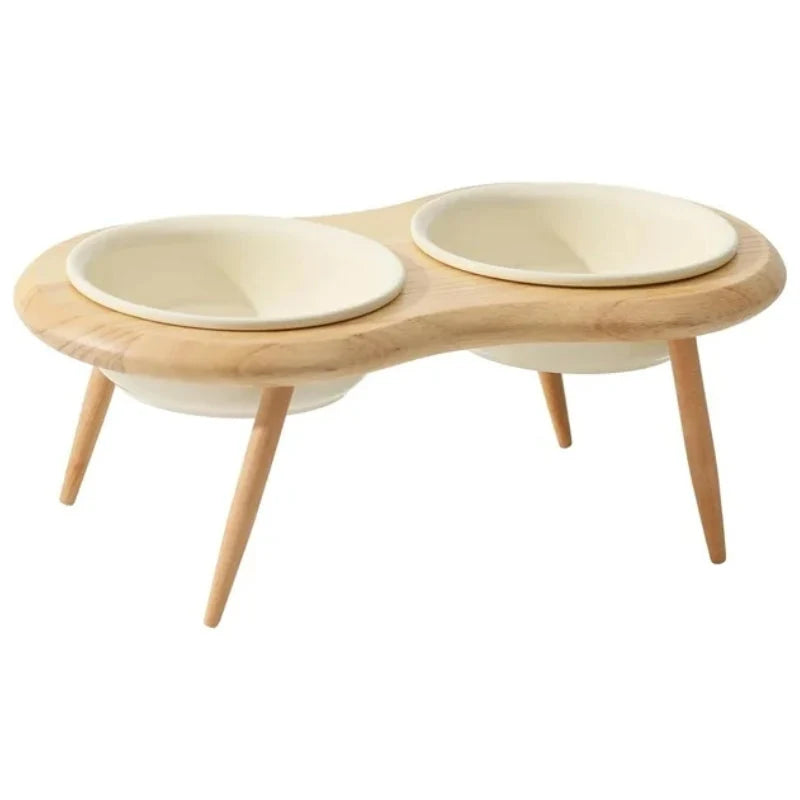Cat Bowl Adjustable Height Ceramic Oak Stand