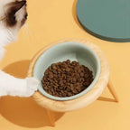 Cat Bowl Adjustable Height Ceramic Oak Stand