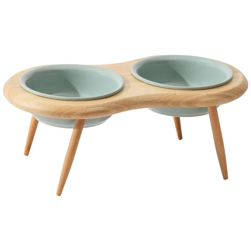 Cat Bowl Adjustable Height Ceramic Oak Stand