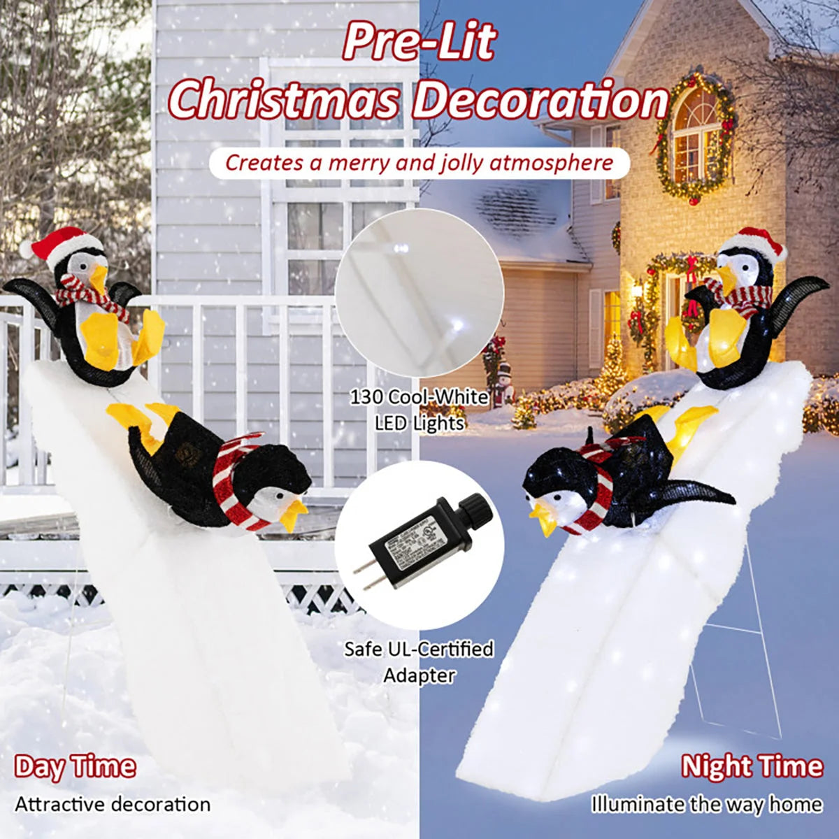 Christmas Decoration Penguin Ice Skating Scene Pre-Lit 130 LEDs