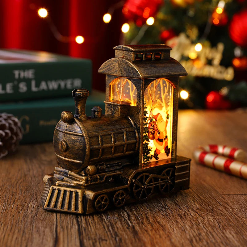 Christmas Lantern Train Scene Gold Finish Warm LED