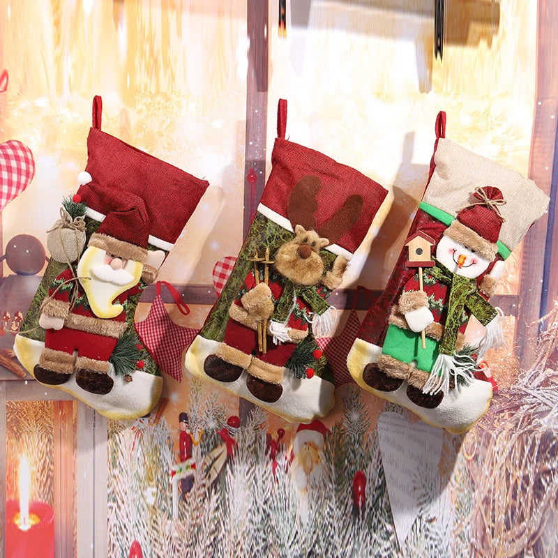 Christmas Stocking Reindeer Design Soft Durable Fabric Hanging Loop