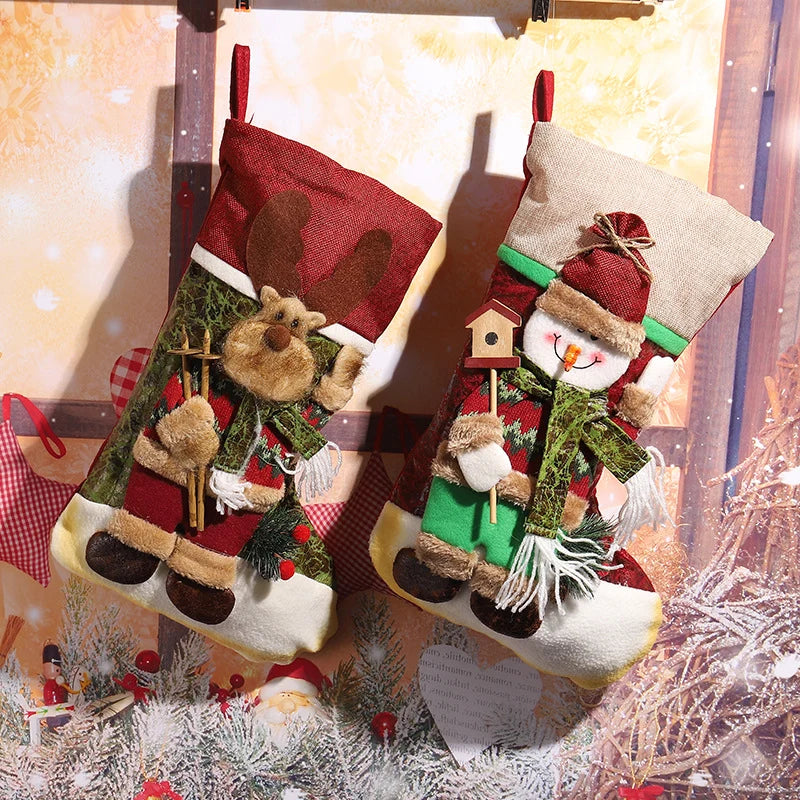 Christmas Stocking Reindeer Design Soft Durable Fabric Hanging Loop