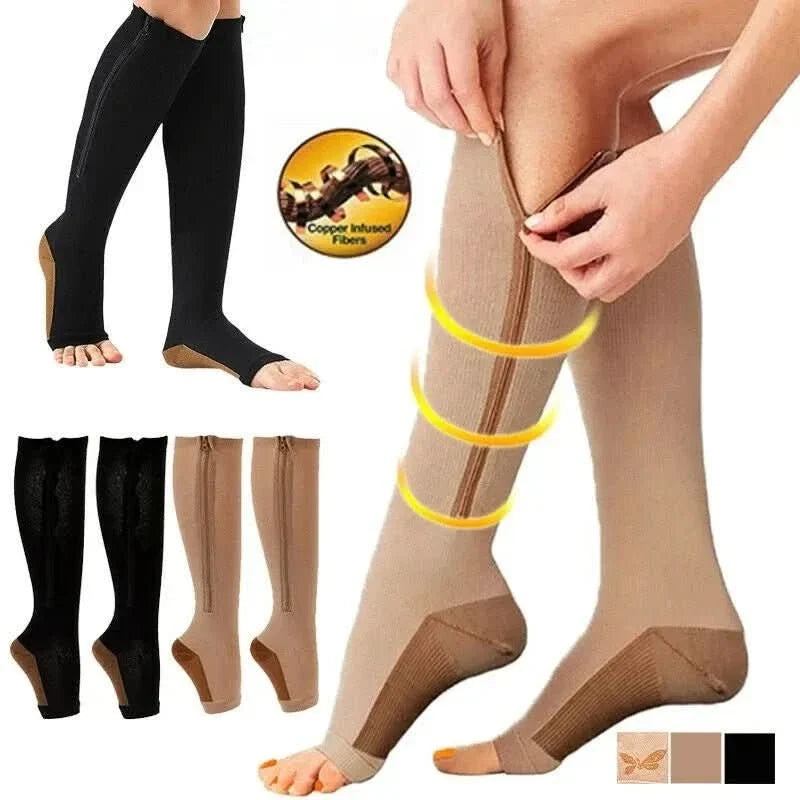 Compression Socks Zip-Up Open Toe 20–30 mmHg Graduated Compression