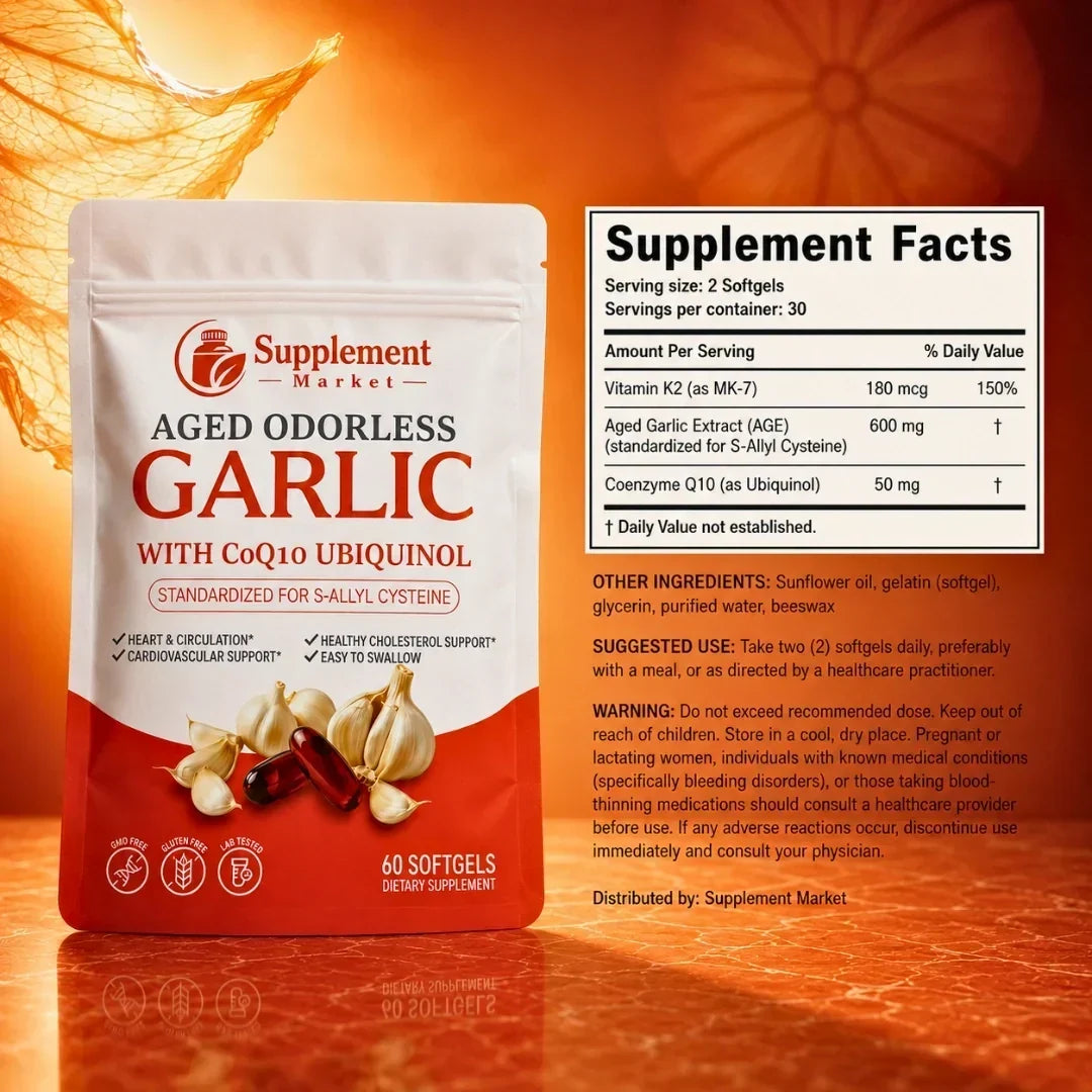 Dietary Supplement Aged Garlic CoQ10 & Vitamin K2 Odorless Softgels