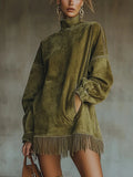 Dress Faux Suede Fringed Hem High Neck