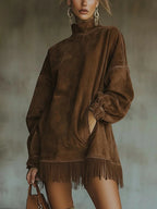 Dress Faux Suede Fringed Hem High Neck
