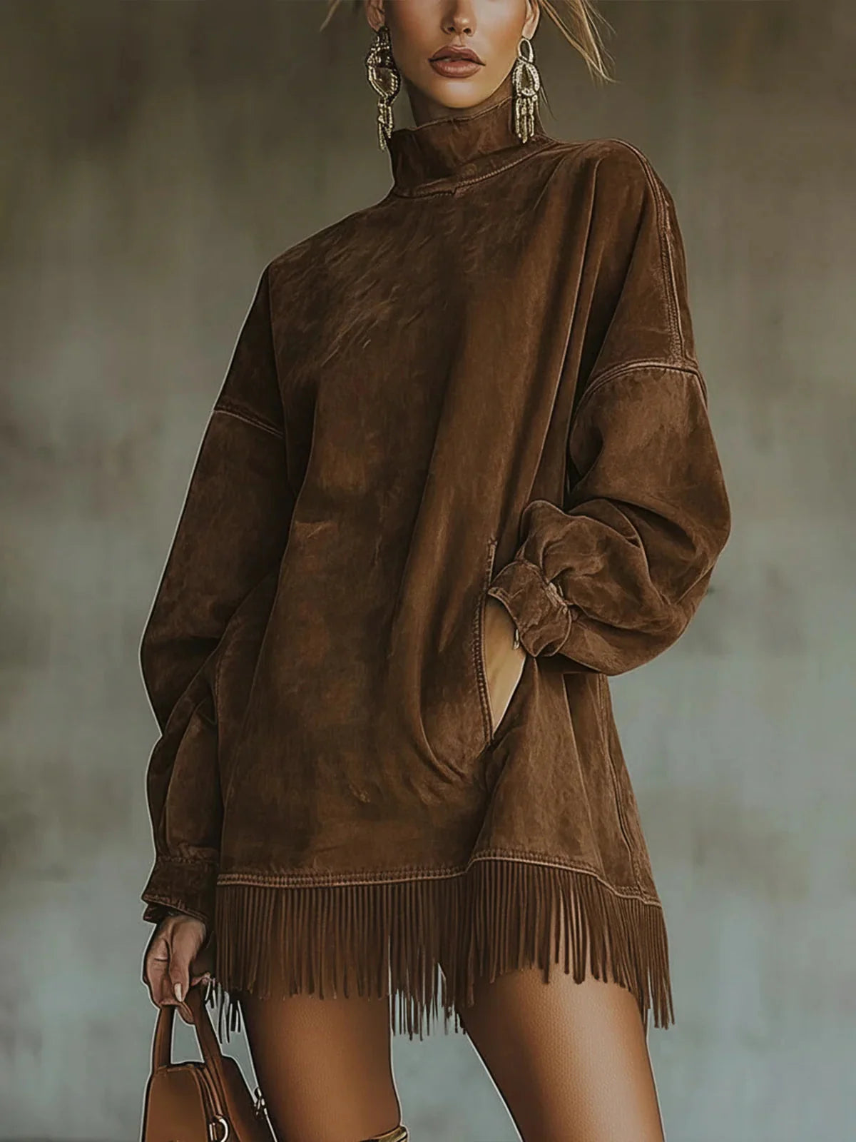 Dress Faux Suede Fringed Hem High Neck