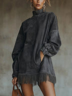 Dress Faux Suede Fringed Hem High Neck