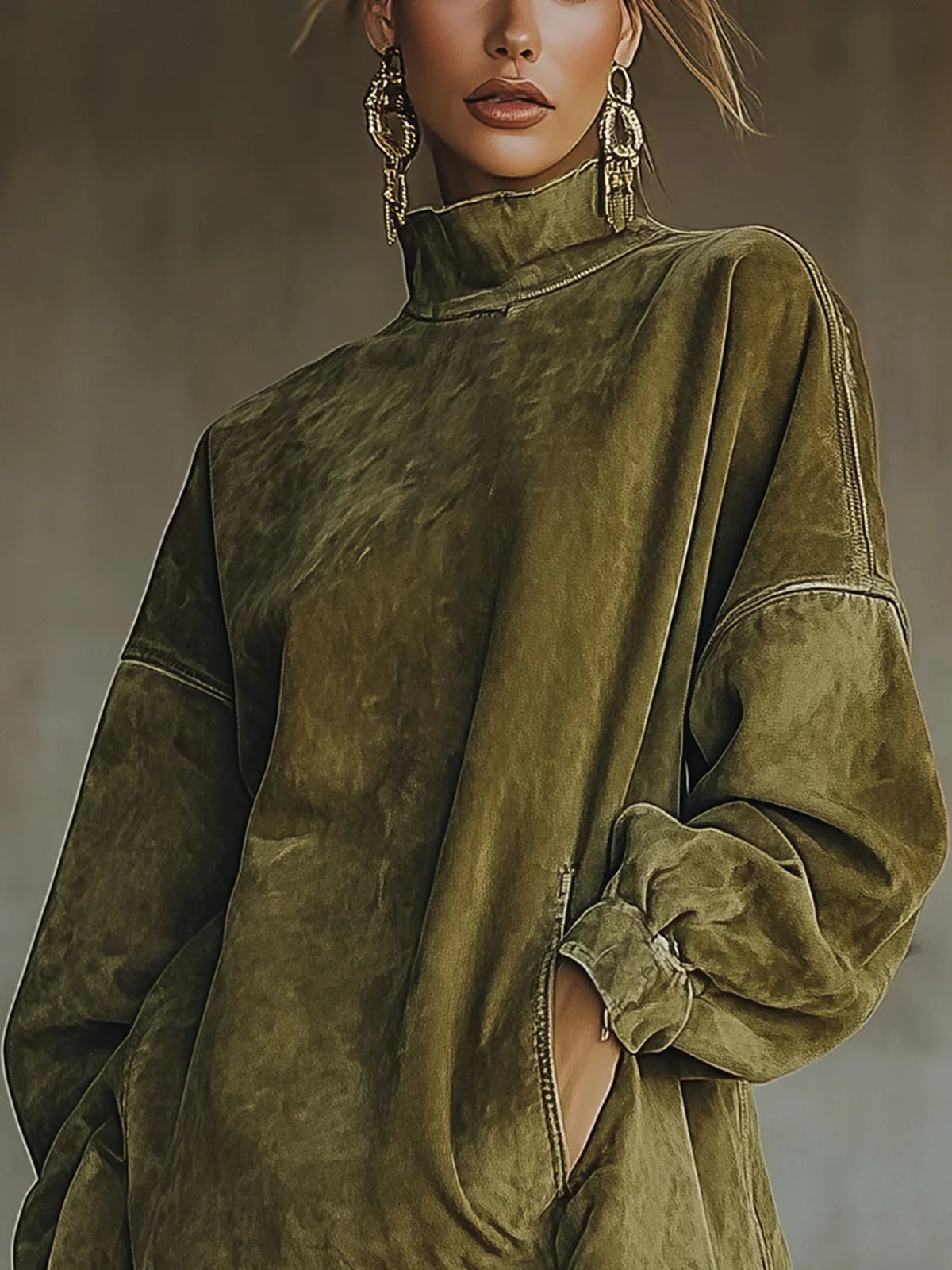 Dress Faux Suede Fringed Hem High Neck