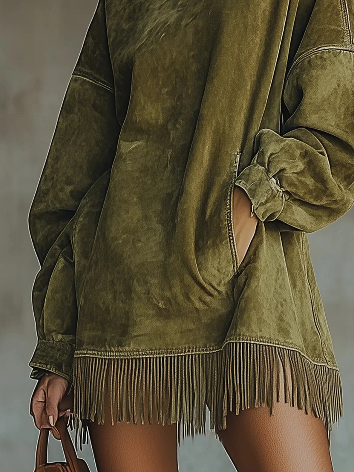 Dress Faux Suede Fringed Hem High Neck