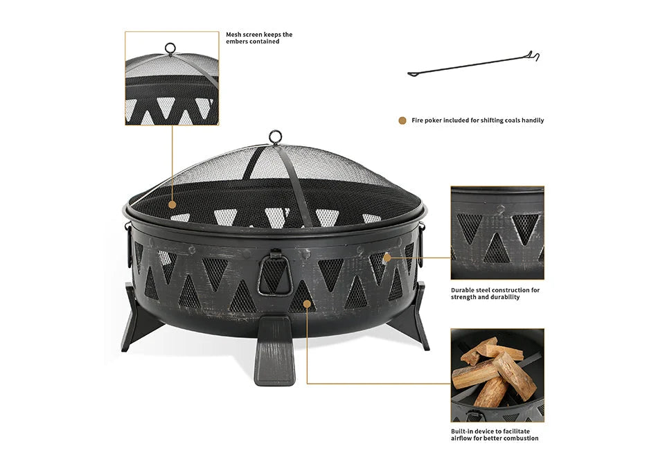 Fire Pit 30-Inch Steel Spark Screen & Poker Included