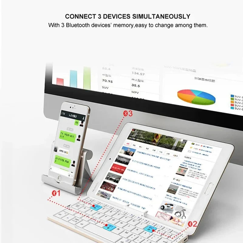 Folding Keyboard Bluetooth 4.0 3-Device Memory Rotating Dual Stands