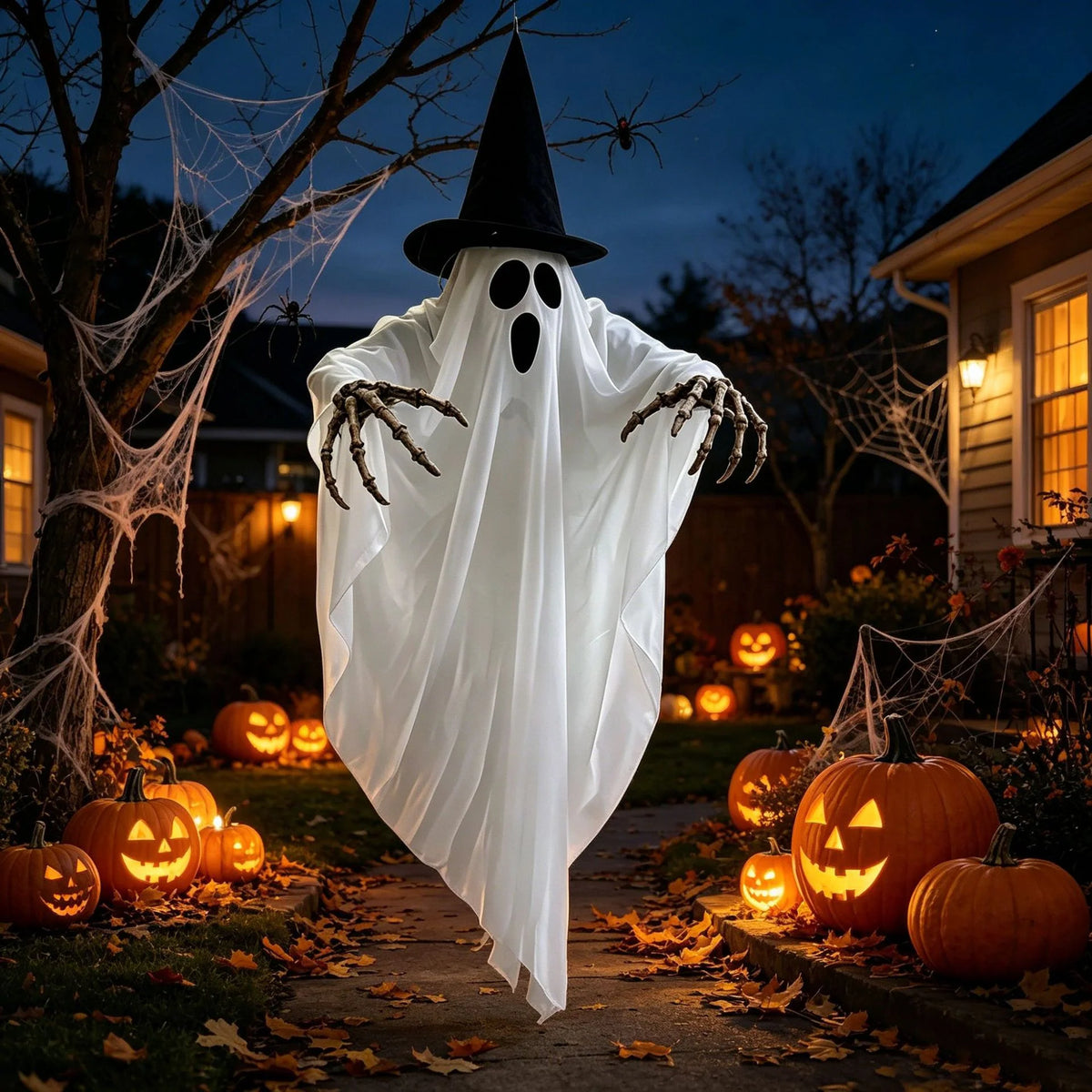 Hanging Ghost LED-Lit Witch Hat & Posable Arms