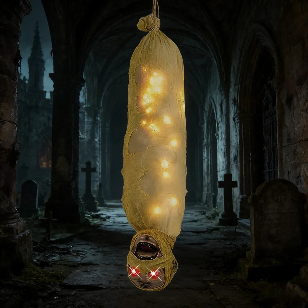 Hanging Mummy Decoration Built-In LED Lights Weather-Resistant Rope Hanger
