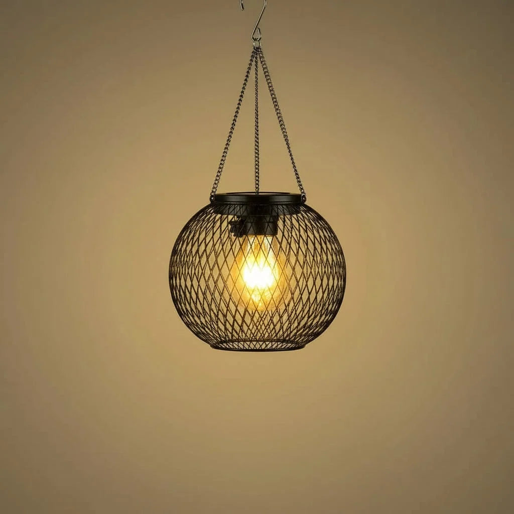 Hanging Solar Lantern Metal Mesh Shadow Projecting Warm LED