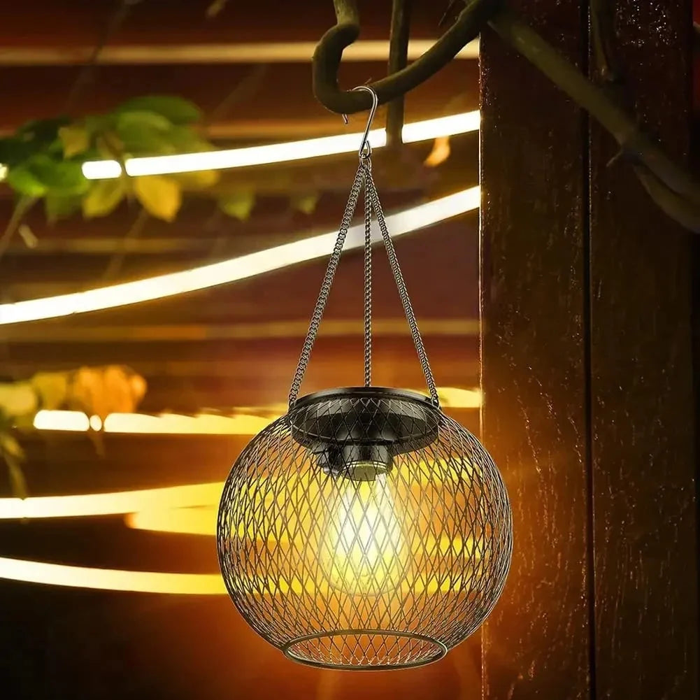 Hanging Solar Lantern Metal Mesh Warm LED