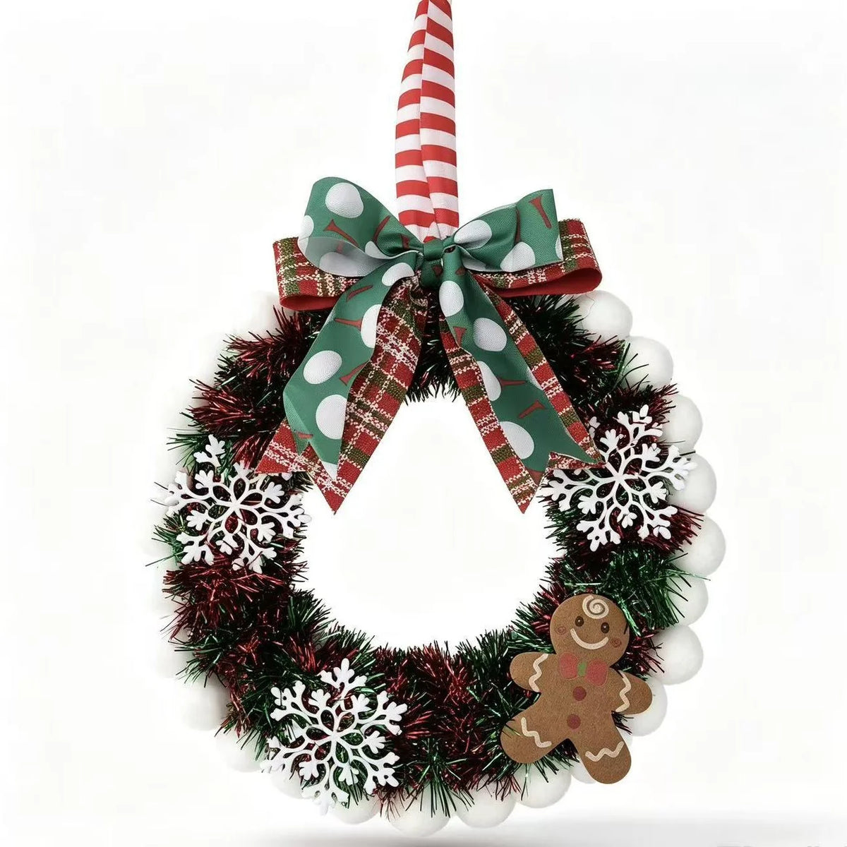 Holiday Wreath Gingerbread & Snowflake Tinsel With Ribbon