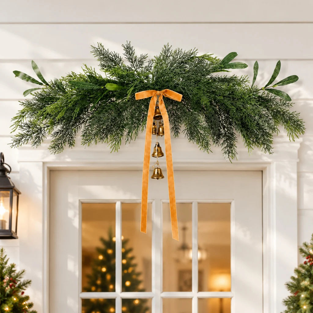 Holiday Wreath Realistic Greenery & Metal Bells Durable Ribbon Hanger