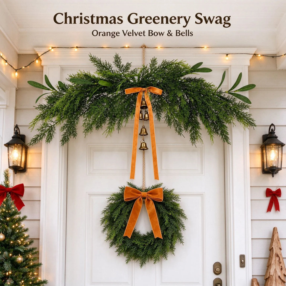 Holiday Wreath Realistic Greenery & Metal Bells Durable Ribbon Hanger