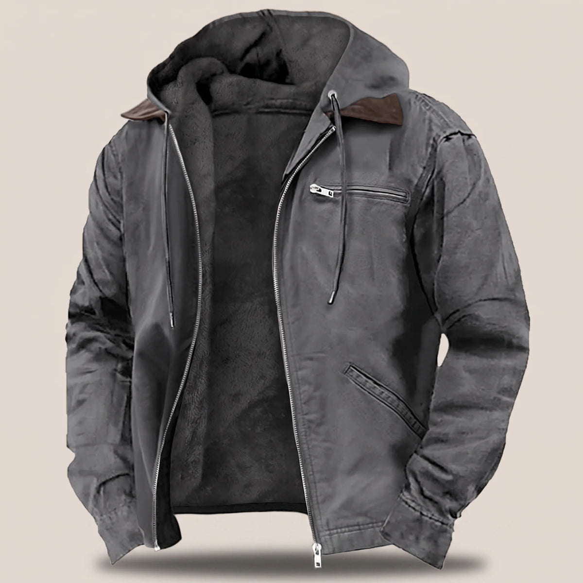 Hooded Jacket Canvas Outer Warm Fleece Lining Full-Zip Design