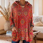 Hooded Tunic Bohemian Print Long Sleeves Relaxed Fit
