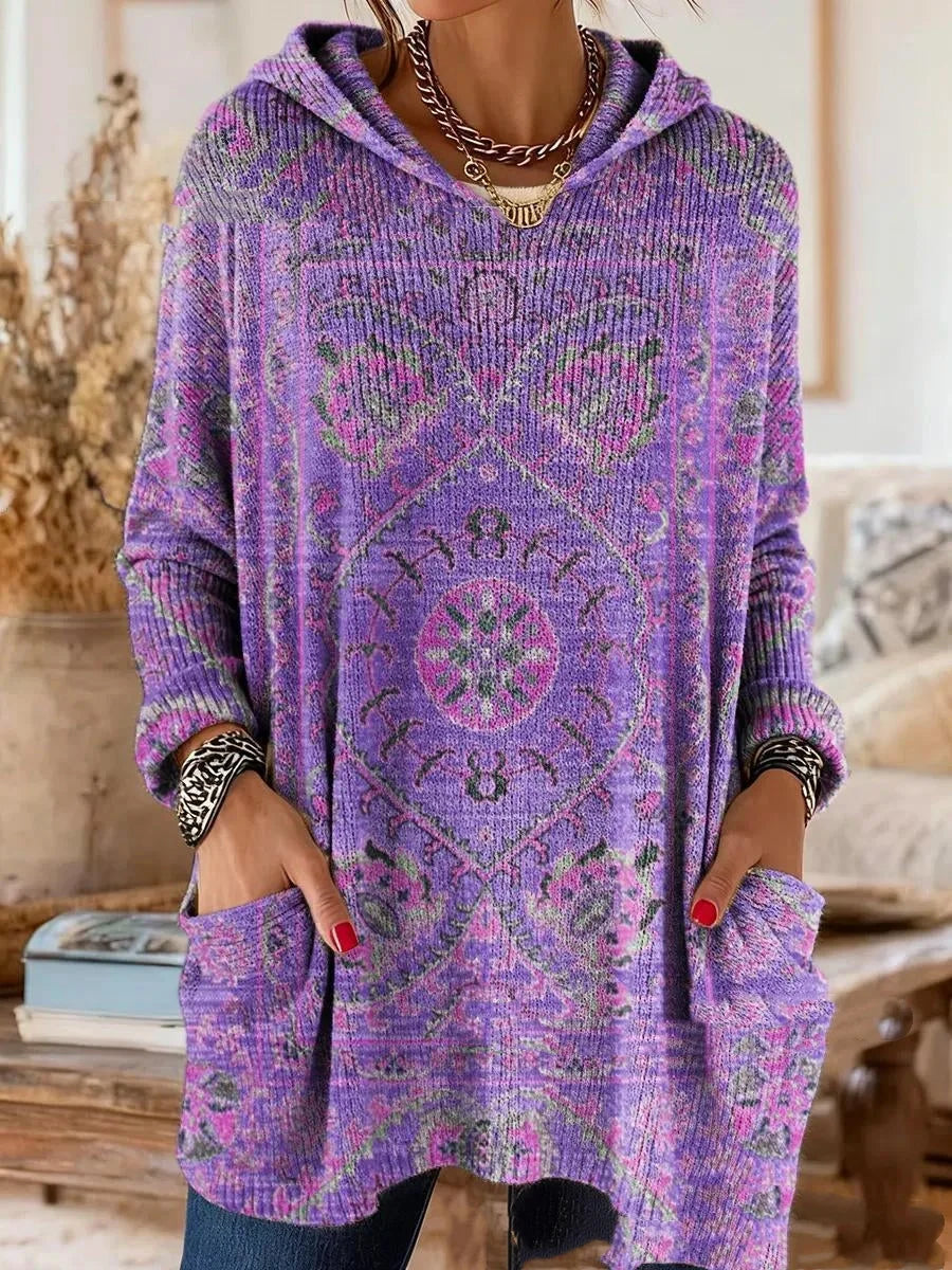 Hooded Tunic Bohemian Print Long Sleeves Relaxed Fit