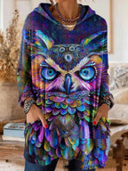 Hooded Tunic Bohemian Print Long Sleeves Relaxed Fit
