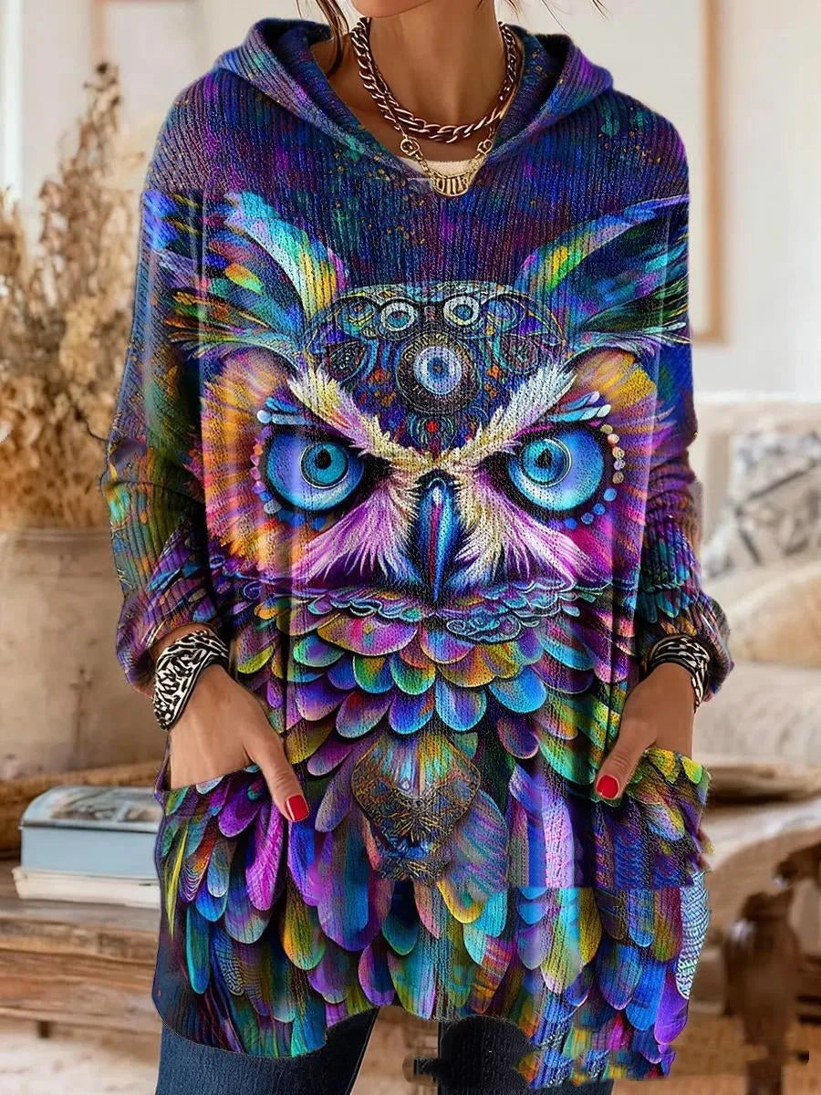 Hooded Tunic Bohemian Print Long Sleeves Relaxed Fit