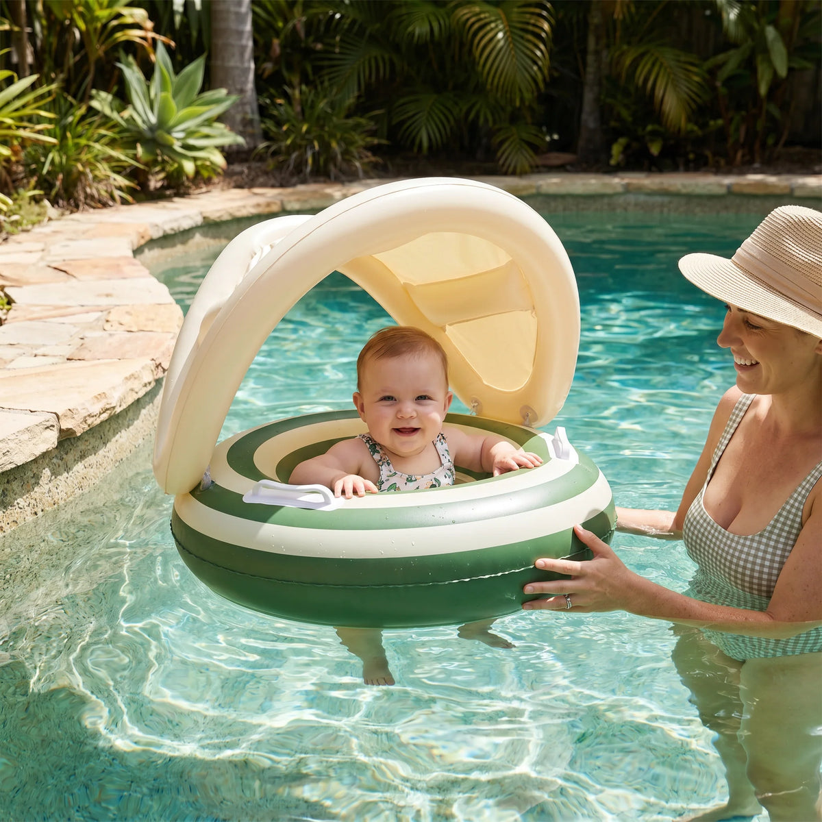 Inflatable Baby Swim Ring Removable Canopy & Integrated Seat
