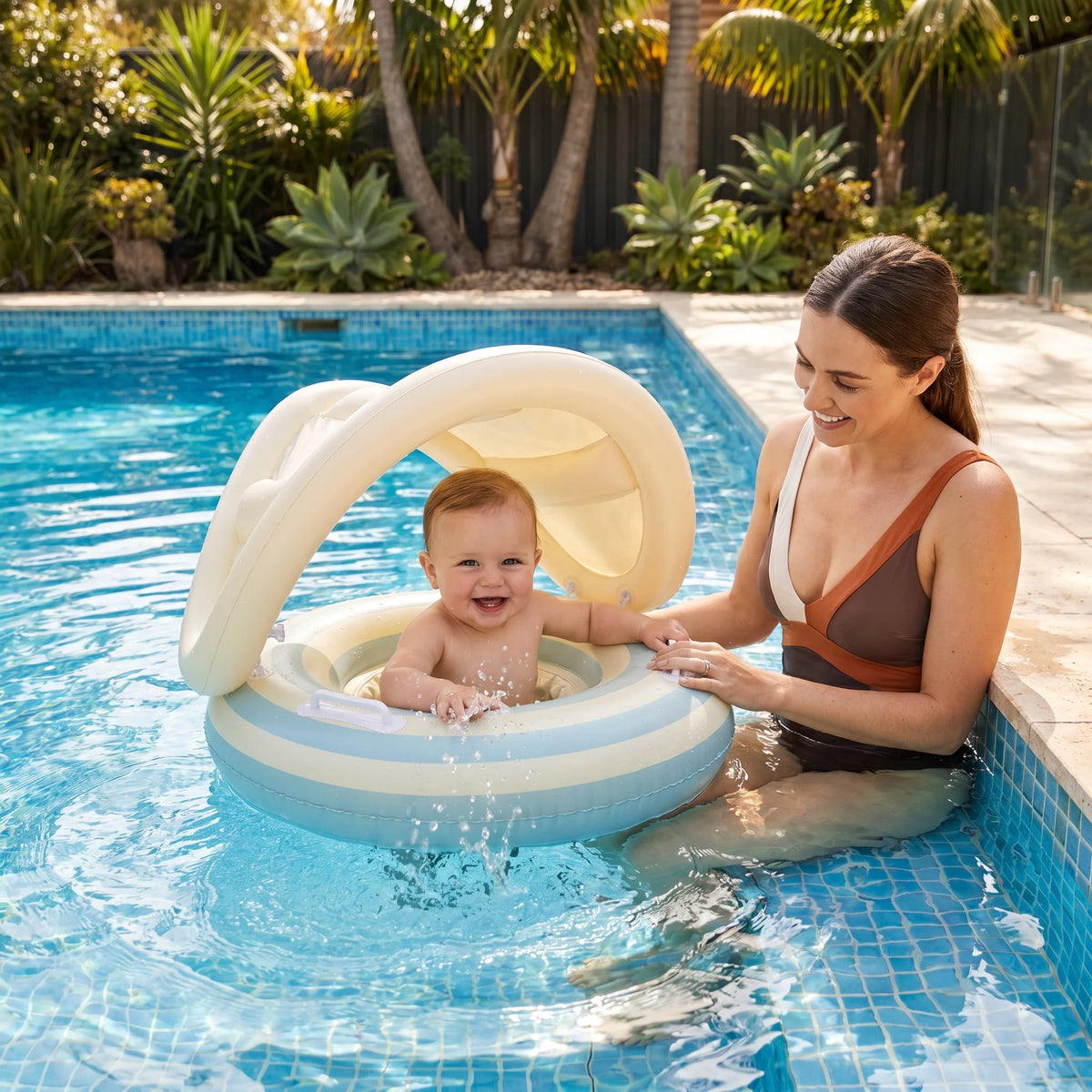 Inflatable Baby Swim Ring Removable Canopy & Integrated Seat