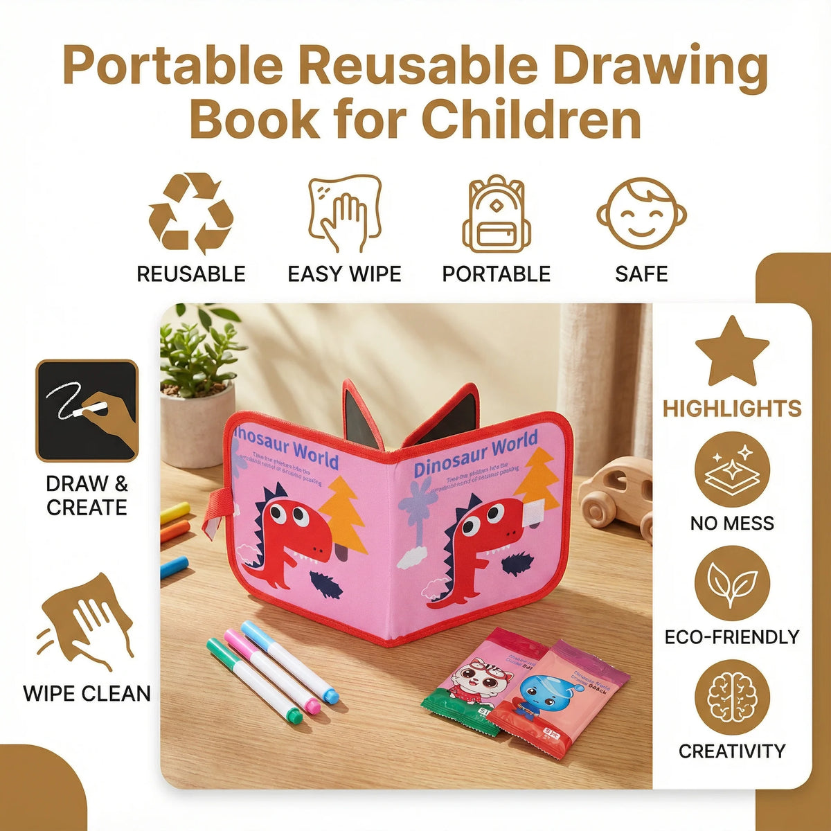 Kids Drawing Book Wipe-Clean Marker & Crayon Compatible