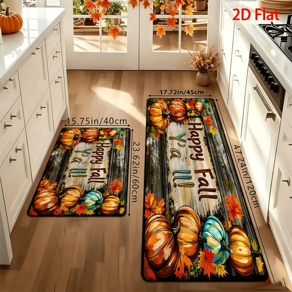 Kitchen Runner Mat Autumn Pumpkin & Leaf Non-Slip Backing