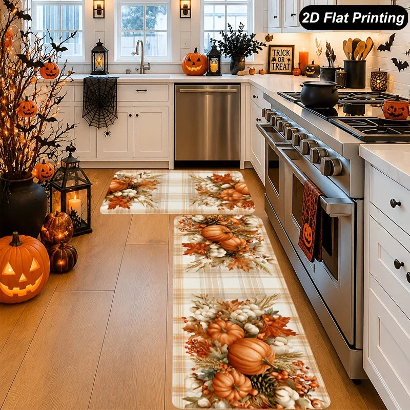 Kitchen Runner Mat Autumn Pumpkin & Leaf Non-Slip Backing